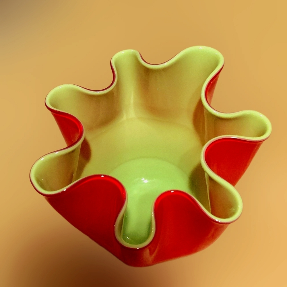 Blown Glass Bowl Beautiful Artistic 5" Tall, 5.5" Wide Chartreuse And Red